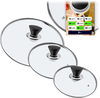 KADAX Panndekselset, universeel deksel van glas met handvat, hittebestendige dekselset in verschillende maten, pannendekselset, glazen deksel voor pan, pan (20 + 24 + 28 cm, zwart mat handvat)