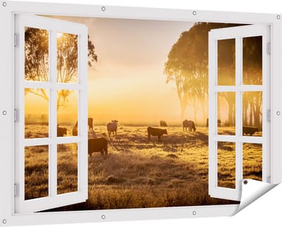 Gards Tuinposter Doorkijk Kudde Koeien in de Wei met Zonsopkomst - 150x100 cm - Tuindoek - Tuindecoratie - Wanddecoratie buiten - Tuinschilderij