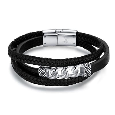 Twice As Nice Armband in edelstaal, zwart leer en gourmet schakel 21cm