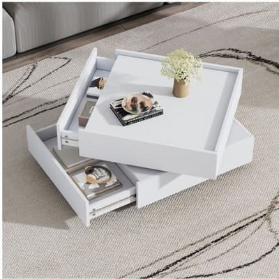 Table basse - MUVOE - Plateau pivotant 360° - 2 étagères - Blanc pur - Design élégant blanc