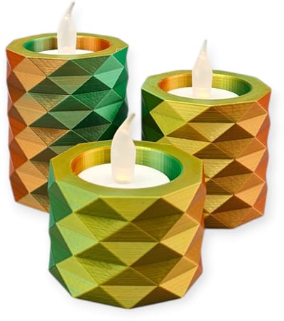 Layerzz - 3D-geprinte waxinelichthouders met LED lichtjes – moderne sfeerverlichting (niet geschikt tegen hitte) - set van 3 - meerkleurig Fire night goud groen geel