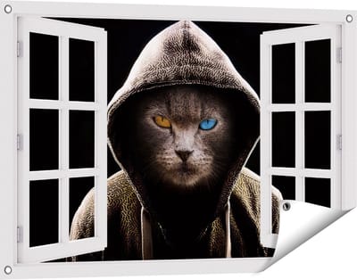 Gards Tuinposter Doorkijk Boze Kat Draagt een Hoodie - 90x60 cm - Tuindoek - Tuindecoratie - Wanddecoratie buiten - Tuinschilderij