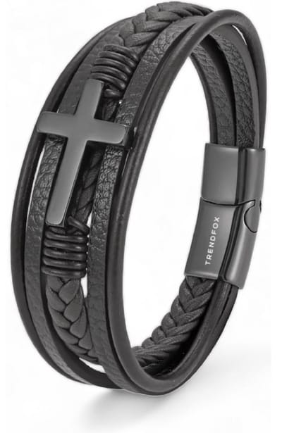 Armband Heren - Zwart Leer met Zwart Kruis - 23cm - Leren Armbanden - Papa Cadeau Voor Mannen - Vaderdag