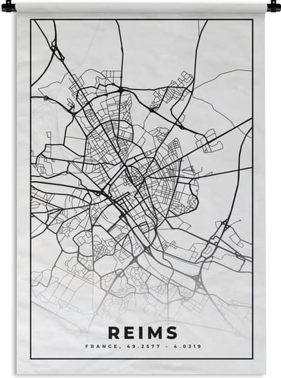 Wandkleed - Wanddoek - Kaart - Plattegrond - Reims - Frankrijk - Stadskaart - Zwart wit - 120x180 cm - Wandtapijt