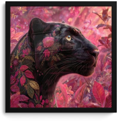 Poster in lijst - Fotolijst 40x40 cm - Posters - Luipaard - Bloemen - Roze - Posterlijst zwart - Decoratie - Wanddecoratie woonkamer - Muurdecoratie slaapkamer