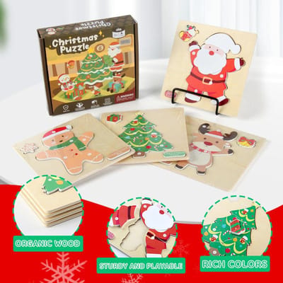 Ensemble de 4 puzzles en bois Père Noël Renne Arbre de Noël Bonhomme en pain d'épices Puzzle Jouet Jouet éducatif Cadeau de Noël fait main beige