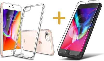 Hoesje geschikt voor Apple iPhone 8 - Hardcase met Soft Siliconen TPU Zijkant Transparant Hoesje + Screenprotector Gehard Tempered Glass - 360 Graden Bescherming