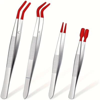 4 stuks/set Roestvrijstalen Pincetten met Rubberen Punten Pincetten PVC Gecoat Niet-Beschadigend Platte Punt Gebogen Punt Pincetten