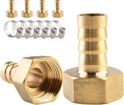Koperen slangaansluiting 6 x 12 mm met 1/2" vrouwelijke draad, compleet met 6 slangklemmen voor gas, water en brandstofverbindingen.
