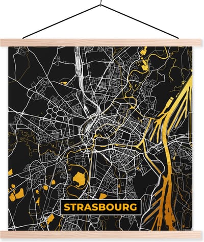 Posterhanger incl. Poster 40x40 cm - Schoolplaat - Kaart – Strasbourg - Stadskaart – Frankrijk – Plattegrond - Textielposter - Blanke latten - Stadskaart