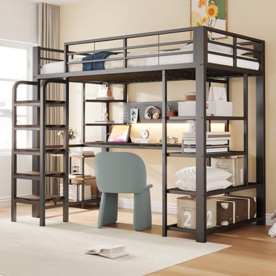 Hoogslaper 90×200 Cm, Eenpersoonsbed Met Geperforeerd Plaatstaal, Bureau Met Cee-Stopcontact, Meerkleurige Ledverlichting, Opbergvakken Met Meerdere Niveaus, Klein Plankje, Verticale Ladder, Hoogslaper-Zwart