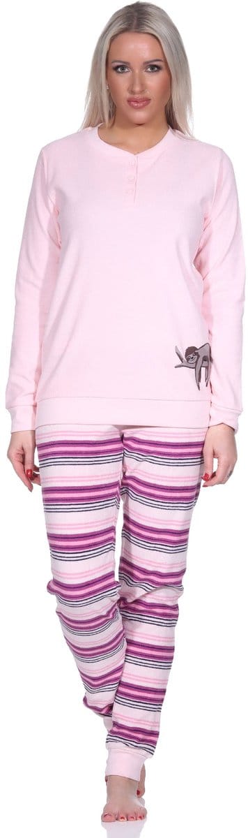 Dames badstof pyjama broek gestreept - leuk luiaard dierenmotief - ook in oversized maten