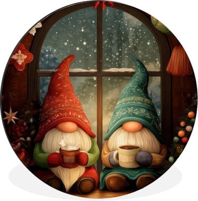 WallCircle - Wandcirkel - Muurcirkel - Gnooms - Kerst - Raam - Kleurrijk - Aluminium - Dibond - 30x30 cm - Binnen en Buiten