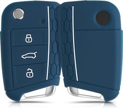 kwmobile autosleutel hoesje geschikt voor VW Golf 7 MK7 3-knops autosleutel hoes - Siliconen autosleutel behuizing - Auto sleutel case met honingraat - Sleuteletui in donkerblauw / wit