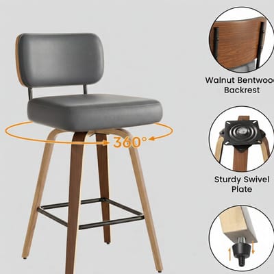 Draaibare Barkrukken Set van 4 – House&Garden Luxe Mid-Century Barstoelen met Rugleuning – 65 cm Zithoogte – 360° Draaibaar – PU-Leren Zitting – Massief Walnoothout – Zwart – Keukeneiland & Bar