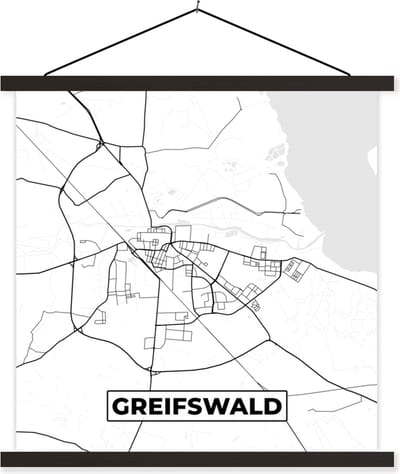Posterhanger incl. Poster 60x60 cm - Schoolplaat - Plattegrond - Kaart - Greifswald - Stadskaart - Textielposter - Zwarte latten - Stadskaart
