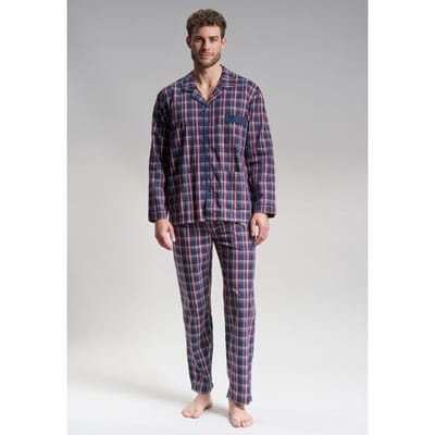Gotzburg heren pyjama met knopen - geweven heren pyjama niet elastisch - blauw met rood en wit geruit