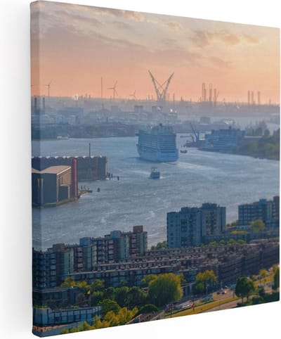 Artaza Canvas Schilderij Rotterdam - 80x80 cm - Wanddecoratie Skyline - Muurdecoratie Haven - Schilderijen Op Canvas Zonsondergang