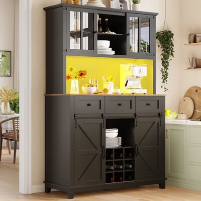 DESMIU Keukenkast - Hoge Buffetkast Met Ledverlichting En Verstelbare Planken - Voor Keuken En Woonkamer - MDF Zwart - 105x38,4x180 Cm