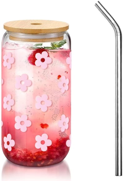Dailygoods- Drinkglas Esthetisch Ontwerp - Drinkglas Met Rietje - Drinkglas Met Deksel - Roze Bloemenmotief - Ideaal Voor Matcha - Geschikt Voor Coquette-Stijl - Beker
