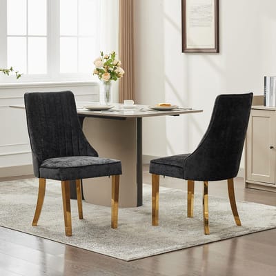 BLACKCOLORS Eetkamerstoelen van rayon met chenille-flockbekleding Channel-keukenstoel Comfortabele extra stoel van gewatteerde stof voor de eetkamer met poten van verguld roestvrij staal, set van 2 (zwart), DE1647BK