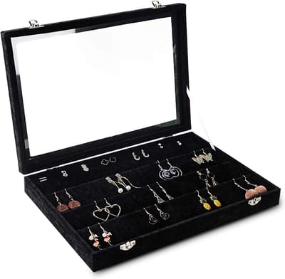 JGS Premium - Oorbel Organizer Lade met Transparant Deksel 64 Slots Fluwelen Lade Insert - Oorbel Opbergdoos - Sieraden Display Case - Zwart - Geschenken voor Vrouwen