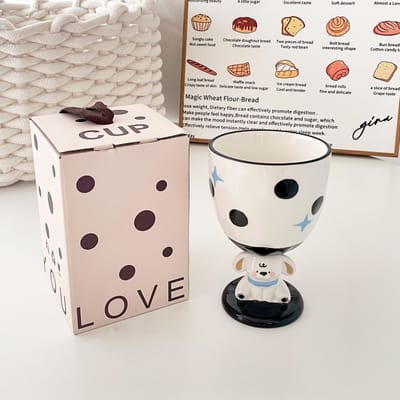 Handgetekende Keramische Beker met Hoge Voet voor Koppels Zomer IJscup Cartoon Puppy Schattig Meisje Verjaardagscadeau Drinkwaterbeker 201-300ml