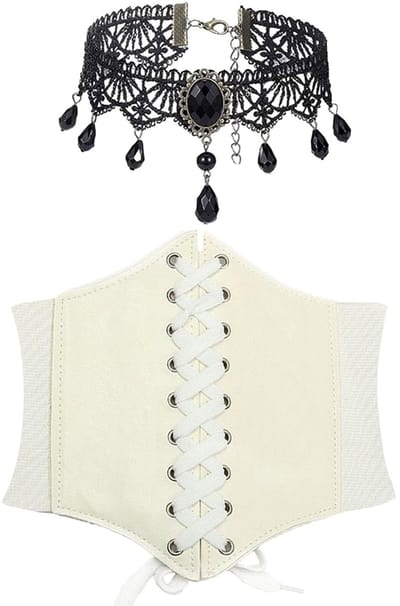 Vrouwelijke korsetten set met gothic sieraden, middeleeuwse kleding, piratenoutfit en korsetgordel