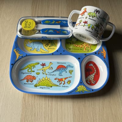 Dino Dinosaurus kinder servies set melamine vakjesbord + trainingsbeker + bestek - Tyrrell Katz