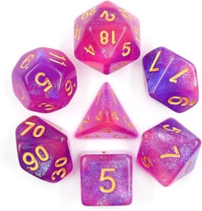 Polyset Dice | Dobbelstenen - Set Van 7 Stuks - Roze Paars Glitters en Goud | Polydice | Voor D&D en Andere Rollenspellen | Plastic Dobbelstenen Set voor Dungeons and Dragons | Polyhedral Dice Set