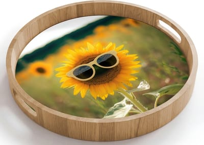 Dienblad rond 40x40 cm - Schootdienblad hout - Zonnebloem - Veld - Zonnebril - Borrelplank rechthoek - Plateau houten dienbladen