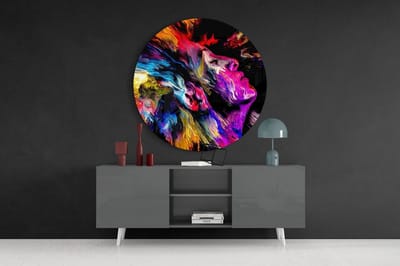 Rond Glasschilderij - Kleurrijke Muurcirkel - Abstracte Vrouw - 60 cm