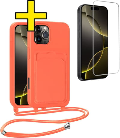 Hoesje Geschikt voor iPhone 16 Pro Telefoonhoesje Met Koord Case Pashouder Met Screenprotector Siliconen - Hoes Geschikt voor iPhone 16 Pro Hoesje Met Kaarthouder - Papaya