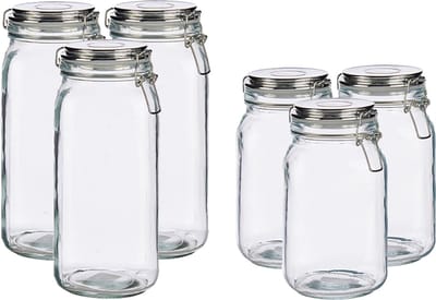 Set van 6x stuks luxe keuken voorraadpotten met klepdeksel zilver 1500 en 2100 ml - Voordeelset
