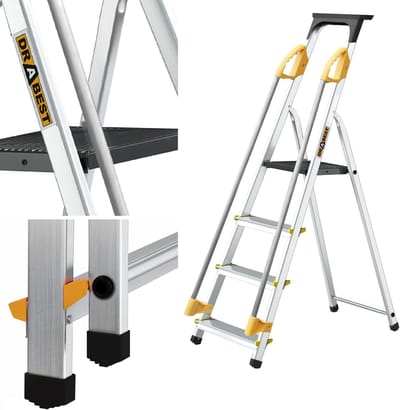 4-Traps Aluminium Huishoudladder met Leuningen - Multifunctionele en Opvouwbare Trapladder voor Huishouden