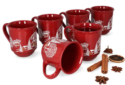 3160100 - Set van 6 glühwein mokken in donkerrood met kerstlandschap 0.2L gekalibreerd