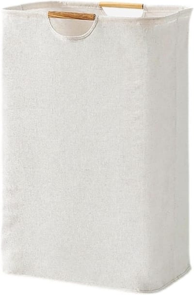 Vouwbare wasmand 40 × 56 × 27 cm, met houten handvat, ruimtebesparend, ideaal voor slaapkamer, woonkamer, badkamer en reizen (Beige)
