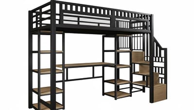 Hoogslaper 90x200 cm met Bureau, Opbergruimte en USB-Aansluiting – Casa Velluto SpaceDesk Hoogbed met Ladder, Opbergvak en LED-verlichting – Kinderbed en Tienerbed met Stabiel Metalen Frame – Zwart