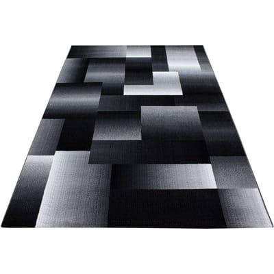 Laagpolig vloerkleed met abstract ruitpatroon, zwart, geschikt voor de woonkamer, met jute achterkant, afmetingen: 200 cm x 290 cm