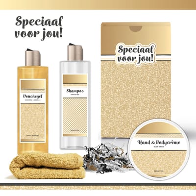 Geschenkset “Speciaal voor jou!” - 4 producten - 700 gram - Triomf Cosmetica | Luxe Cadeaubox voor haar Wellness Pakket Vrouw Valentijn gift Giftset beste vriendin Cadeaupakket Collega Cadeau Moeder Zus Verjaardag Moederdag Kerstpakket Kerst Goud