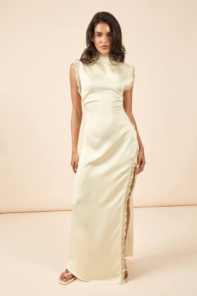 boohoo Dames Satijnen Maxi-jurk Met Hoge Hals En Kantafwerking | Citroen | Maat: 36