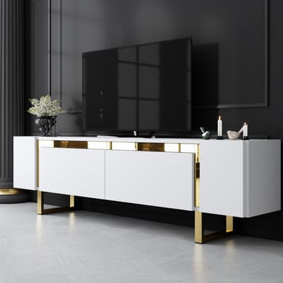 Asir - TV-standaard - Wit, Goud - 100% met melamine gecoat spaanplaat - 35 x 180 x 10 cm