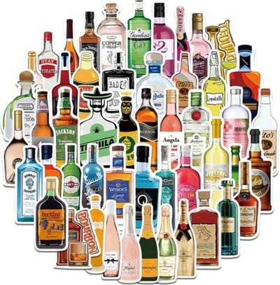 50 Alcohol flessen met Drank/Wijn/Bier Stickers - Stickermix voor laptop, muur, fiets, skateboard, koelkast etc.