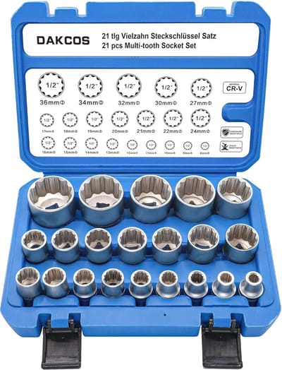 21-delige 1/2 inch veeltand moerset dopsleutelset - 12-kant metrisch 8-36 mm XZN doppenset