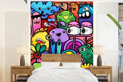 Behang - Fotobehang Monster - Bloemen - Regenboog - Design - Grappig - Kids - Breedte 165 cm x hoogte 220 cm
