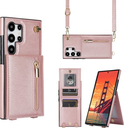 Multimedia & Accessoires Stijlvolle Leren Fashion Backcover Case Hoesje met Koord, Stand Ritsvak en Pasjeshouders geschikt voor Samsung Galaxy S24 Ultra - Rosegoud