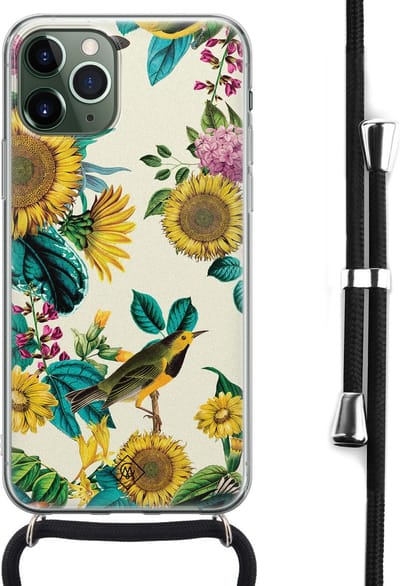 Casimoda® hoesje met koord - Geschikt voor iPhone 11 Pro - Zonnebloemen / Bloemen - Afneembaar koord - Siliconen/TPU - Geel