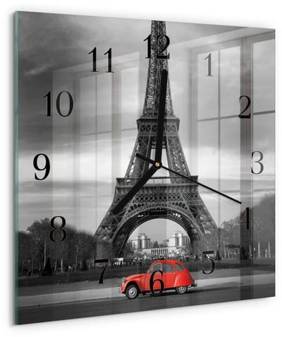 Tulup Wandklok - Eiffeltoren auto Glazen Wandklok Design - 30x30 cm - Rood Klok Glas Met Opdruk - Zwarte Handen - Vierkante Wandklok - Klok Glas Met Opdruk - Moderne Wandklok Glas
