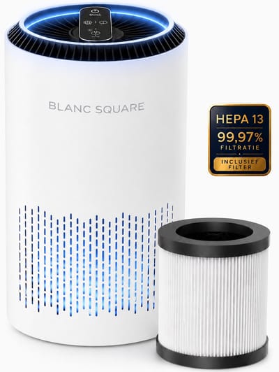 BLANC SQUARE Luchtreiniger Air Purifier PRO - Vervangbaar HEPA 13 + Koolstof filter - CADR 170m³/u 30m² - Filtert Fijnstof, Hooikoorts, Pollen en Huisstofmijtallergenen - Clean Air Slaapkamer