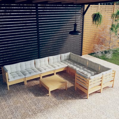 vidaXL - 10-delige - Loungeset - met - crèmekleurige - kussens - grenenhout